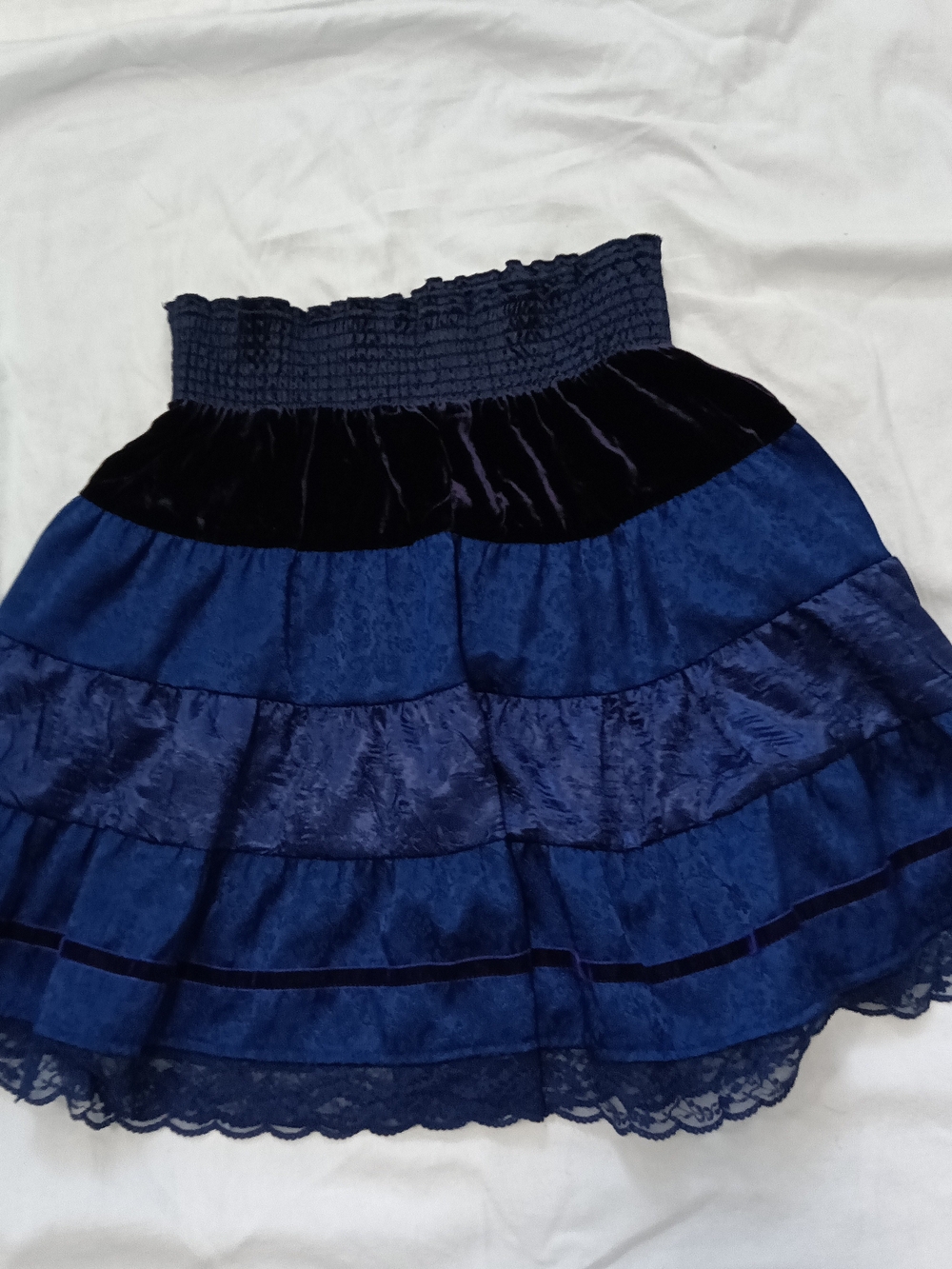 Urban Outfitters Navy Purple Tiered Lace Trimm Midi Smocked Elastic Waist Skirt
